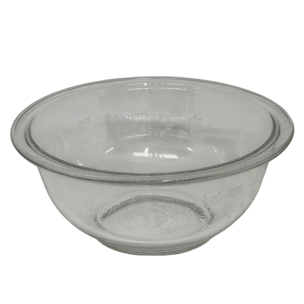 VTG Pyrex Mixing Bowl Clear Glass White Daisy Floral Etched Pattern 7 Inch